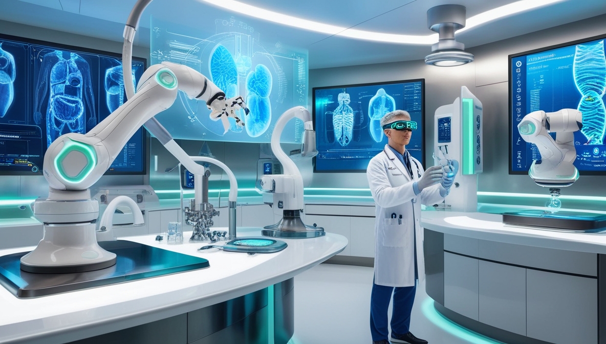 AI-powered diagnostic tools analyzing medical data on a digital interface