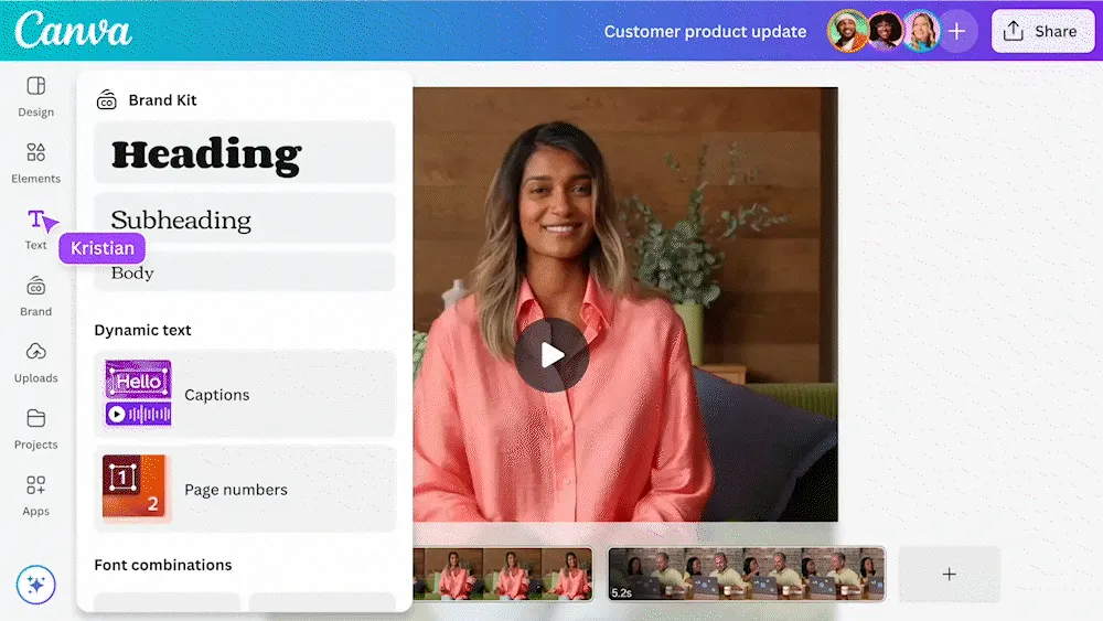 Example of Canva's Branded Captions tool with customizable captions styled to match brand colors and fonts on video content.