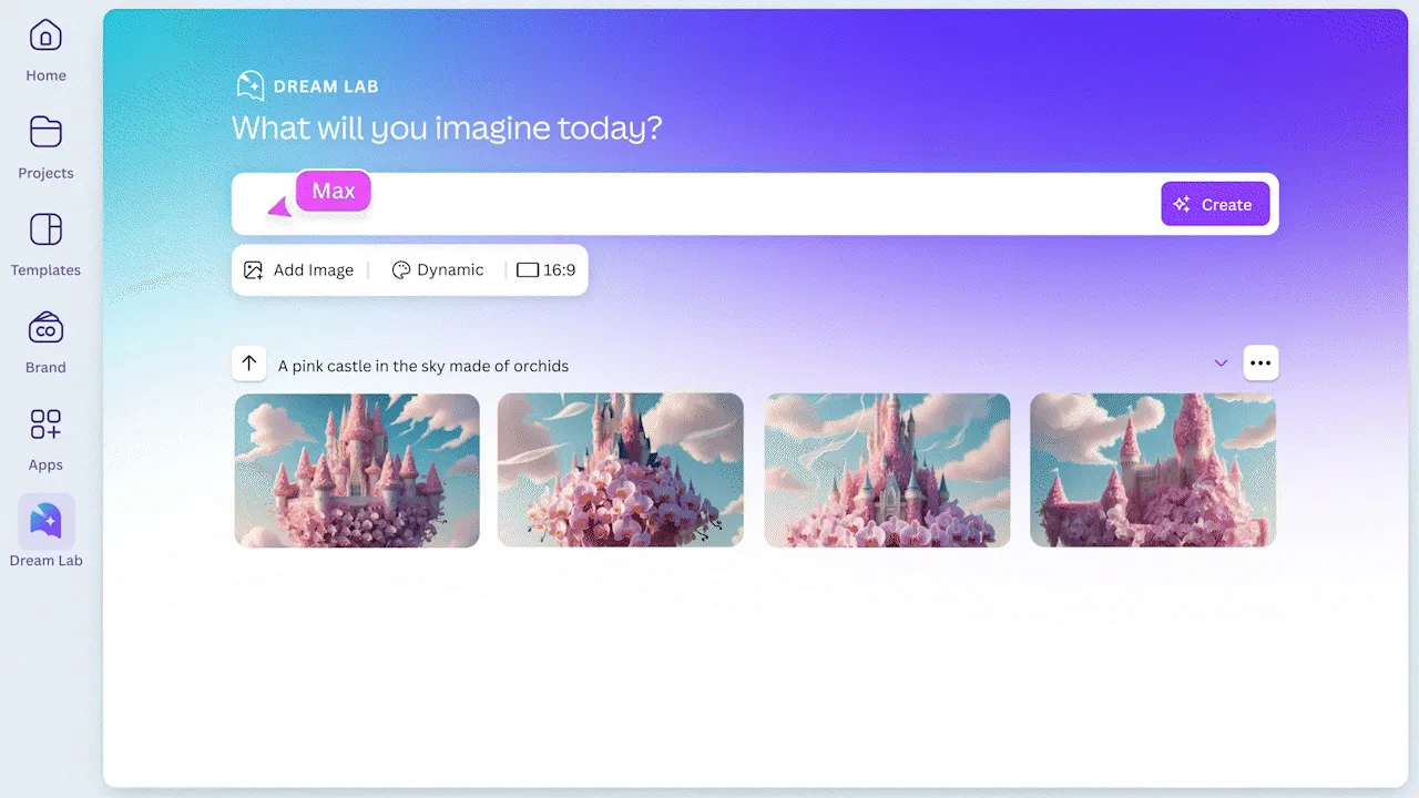 Screenshot of Canva's Dream Lab AI-powered image generator, creating visuals from text prompts with high-quality, customizable styles.