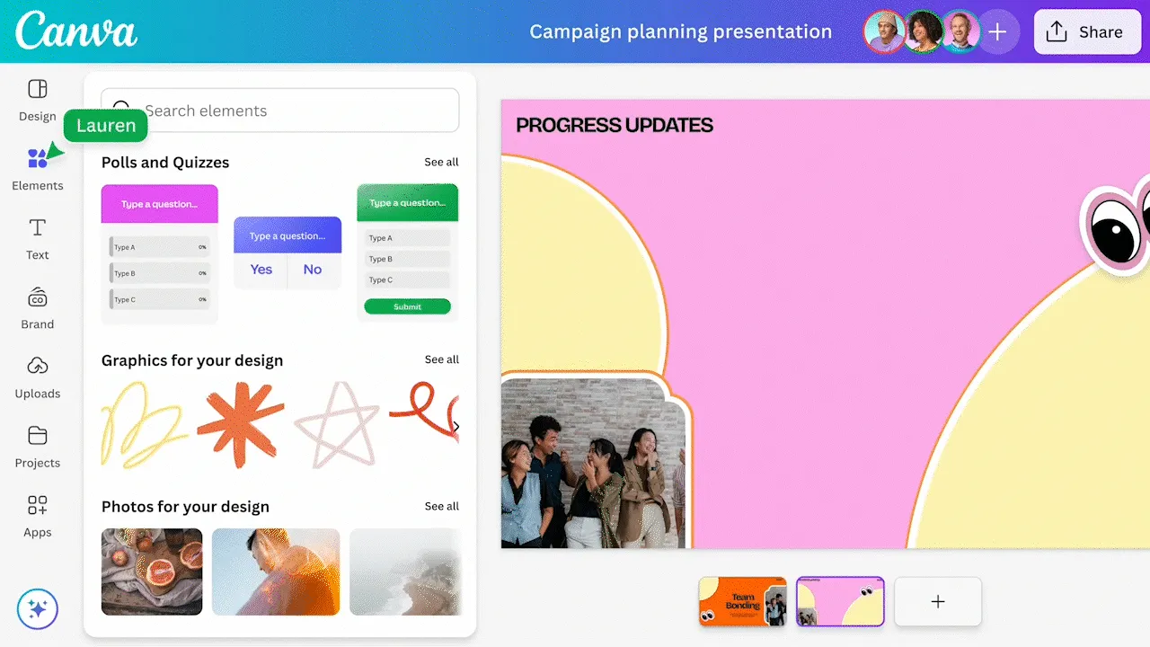 Image of Canva's Polls and Quizzes feature, showcasing interactive quiz options for audience engagement in real-time.