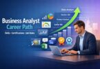 Business Analyst career path illustration showing skills, certifications, job roles, and growth progression with data analytics dashboards and professional working on laptop