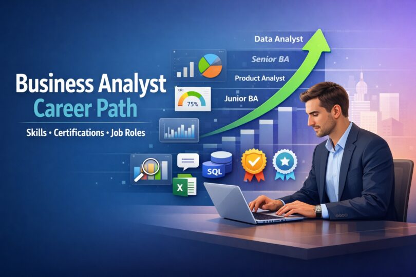 Business Analyst career path illustration showing skills, certifications, job roles, and growth progression with data analytics dashboards and professional working on laptop
