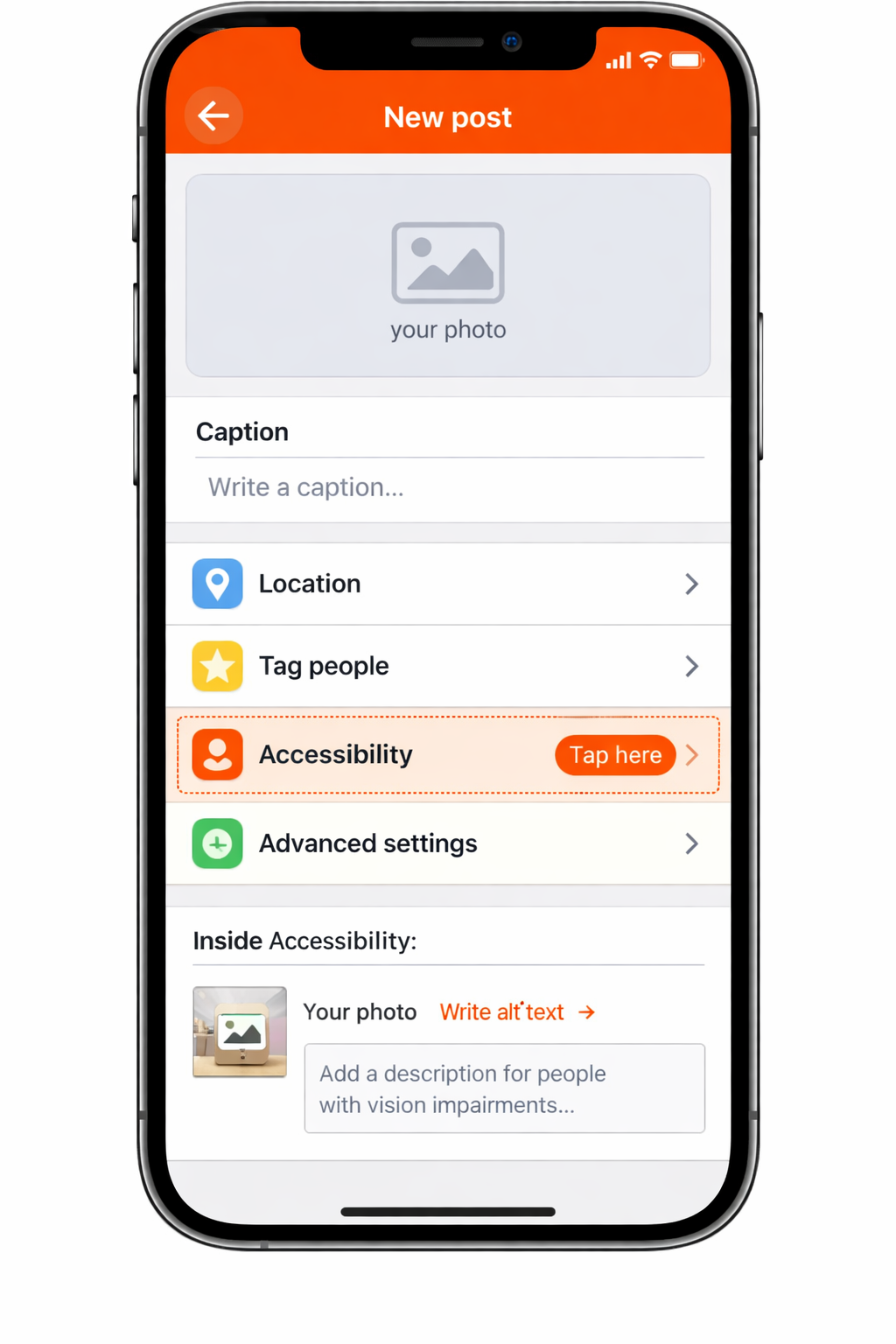 Instagram UI mockup: where to find the alt text field, alt text for Instagram 