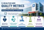 Illustration showing the five most important healthcare quality metrics, including mortality rates, infection rates, patient safety indicators, readmission rates, nurse-to-patient ratios, and patient experience used to evaluate hospital quality.