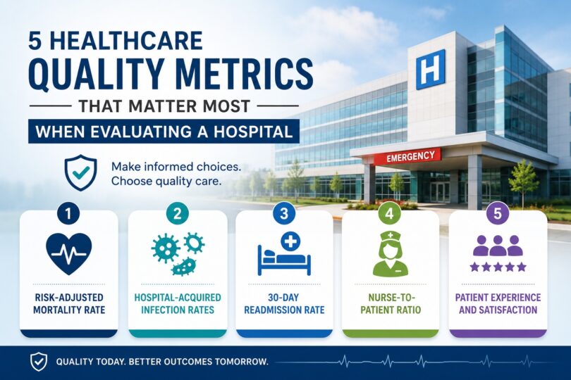 Illustration showing the five most important healthcare quality metrics, including mortality rates, infection rates, patient safety indicators, readmission rates, nurse-to-patient ratios, and patient experience used to evaluate hospital quality.