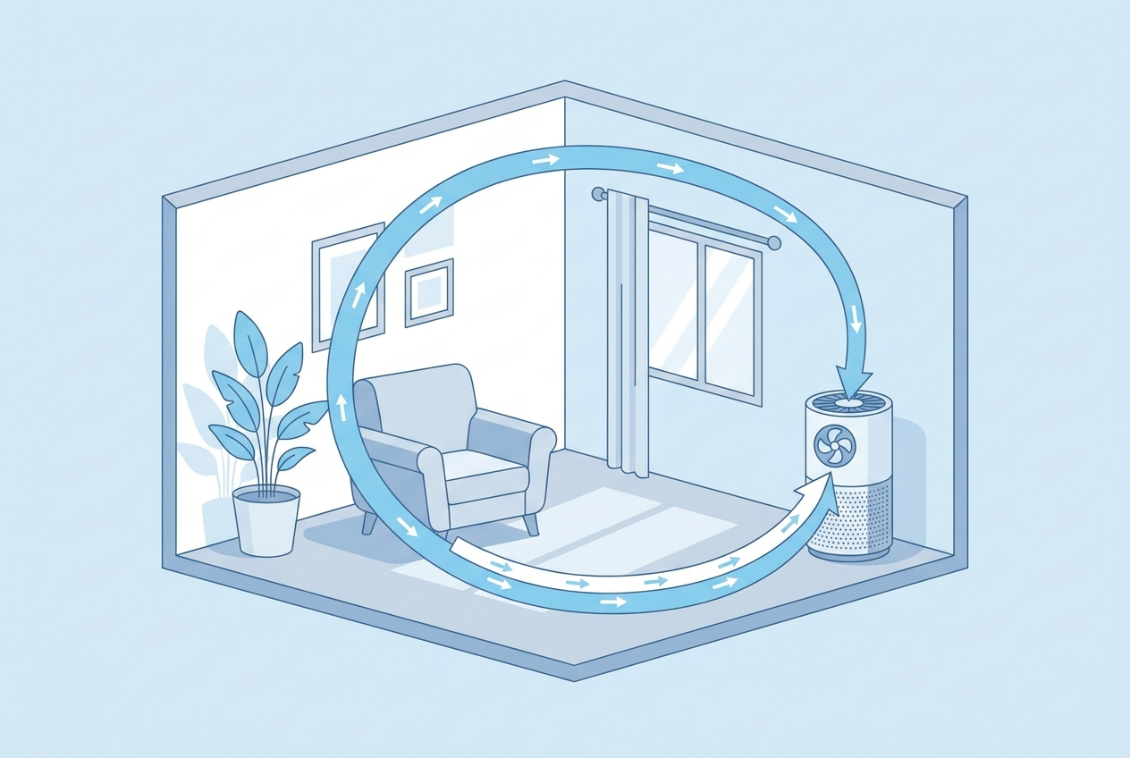 Illustration of air changes per hour matching an air purifier to room size