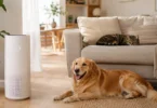 Air purifier for pets running in a living room with a dog and cat nearby