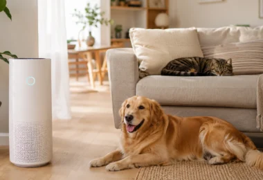 Air purifier for pets running in a living room with a dog and cat nearby