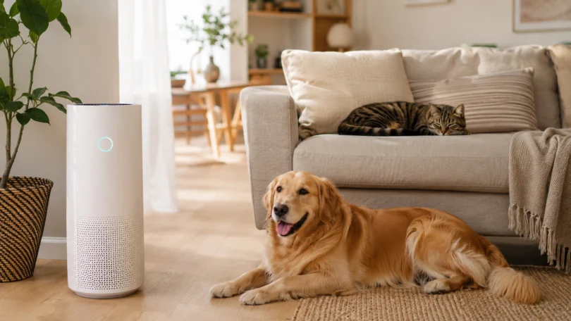 Air purifier for pets running in a living room with a dog and cat nearby