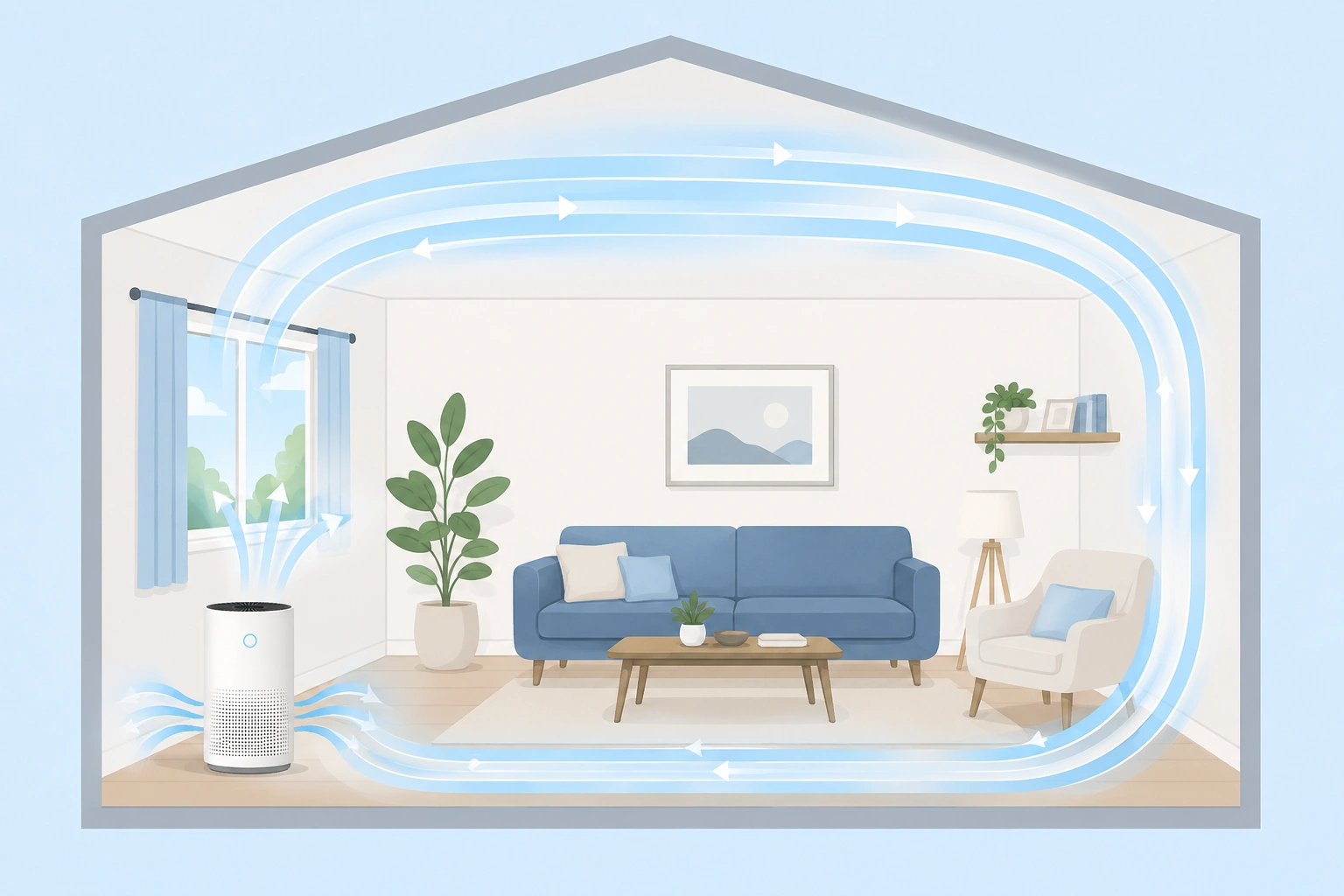 Illustration of air changes per hour matching an air purifier to room size