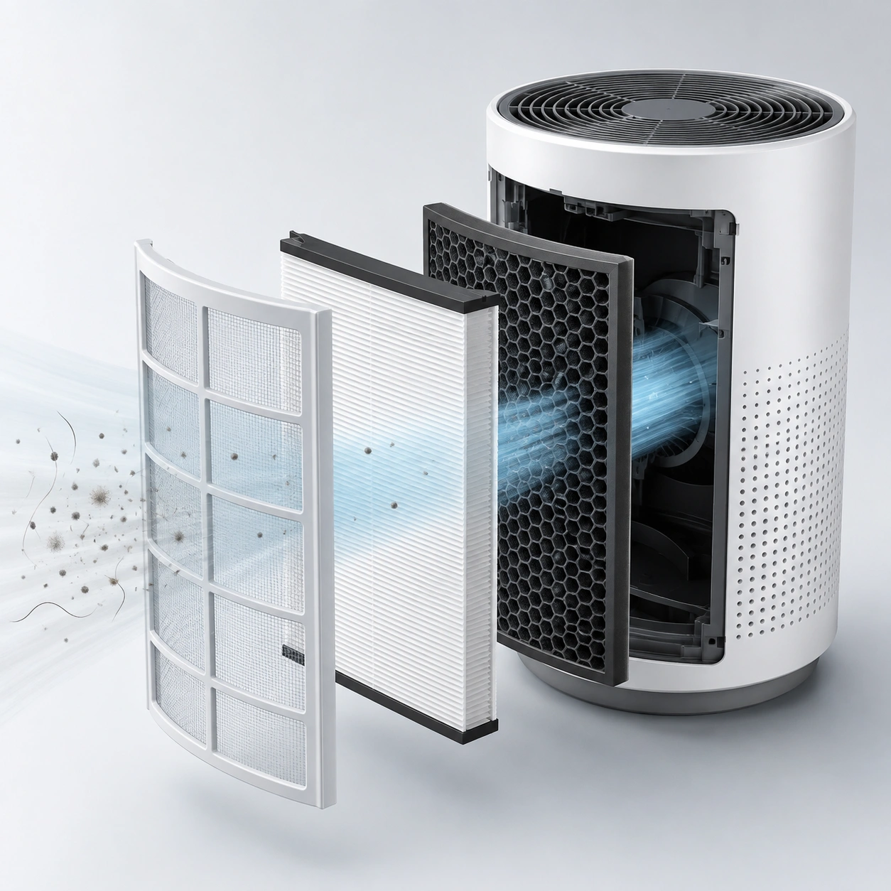 Cutaway showing an air purifier's pre-filter, HEPA, and activated carbon layers