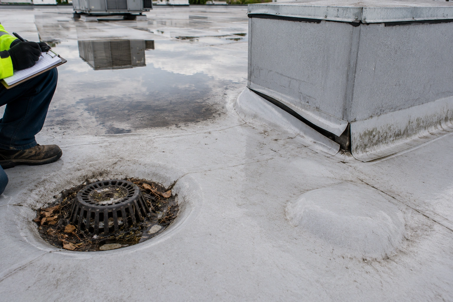 Commercial roof maintenance checklist covering drains, flashing, debris, and inspection scheduling