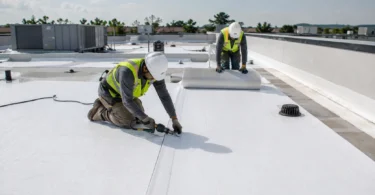 Commercial roofing contractor installing a white TPO membrane on a large flat commercial roof