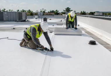Commercial roofing contractor installing a white TPO membrane on a large flat commercial roof