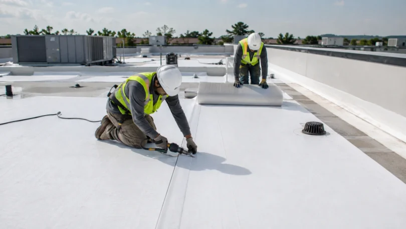 Commercial roofing contractor installing a white TPO membrane on a large flat commercial roof