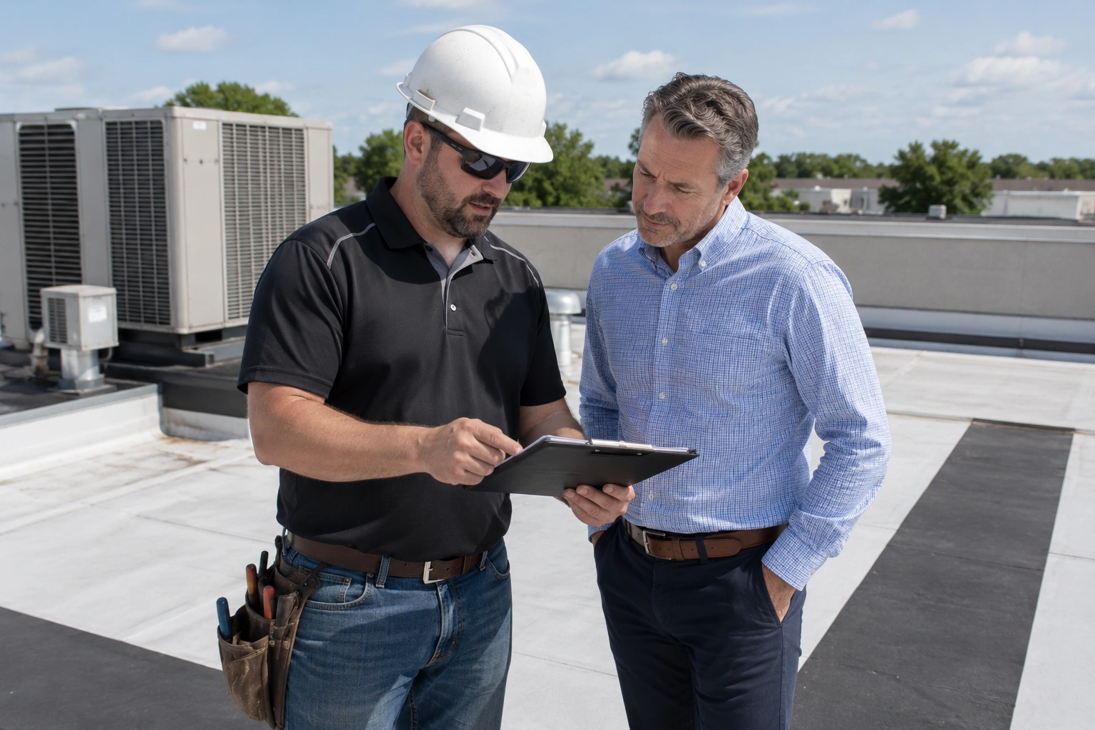Commercial roofing contractor reviewing a written estimate with a building owner