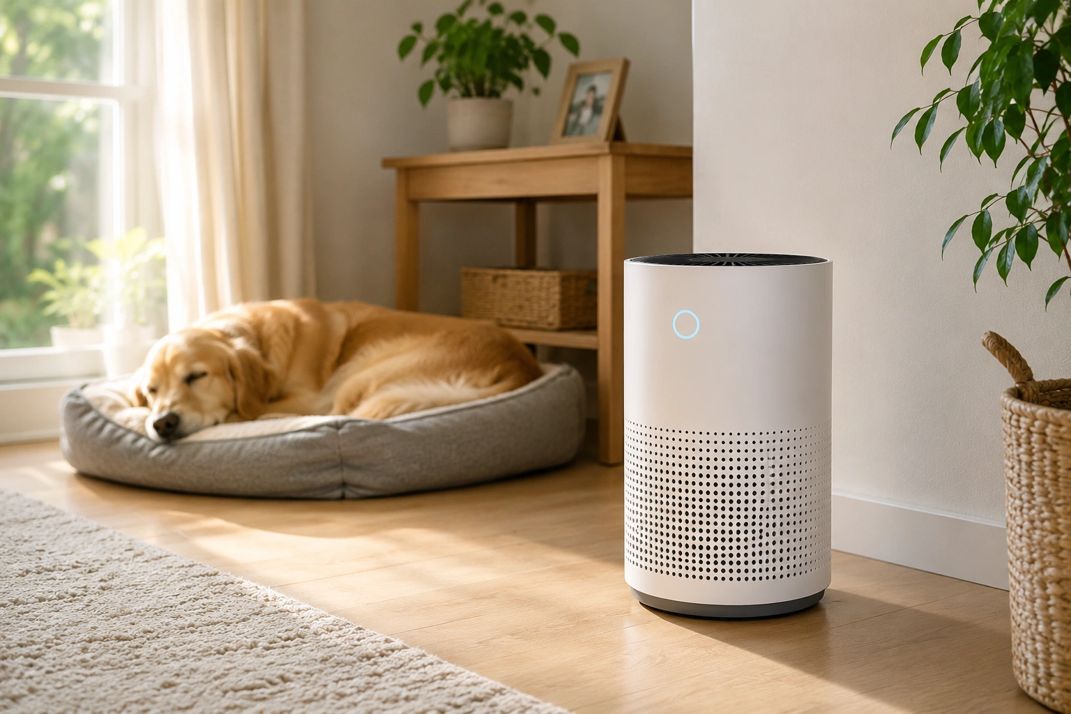 Air purifier placed beside a pet bed with clearance for good airflow