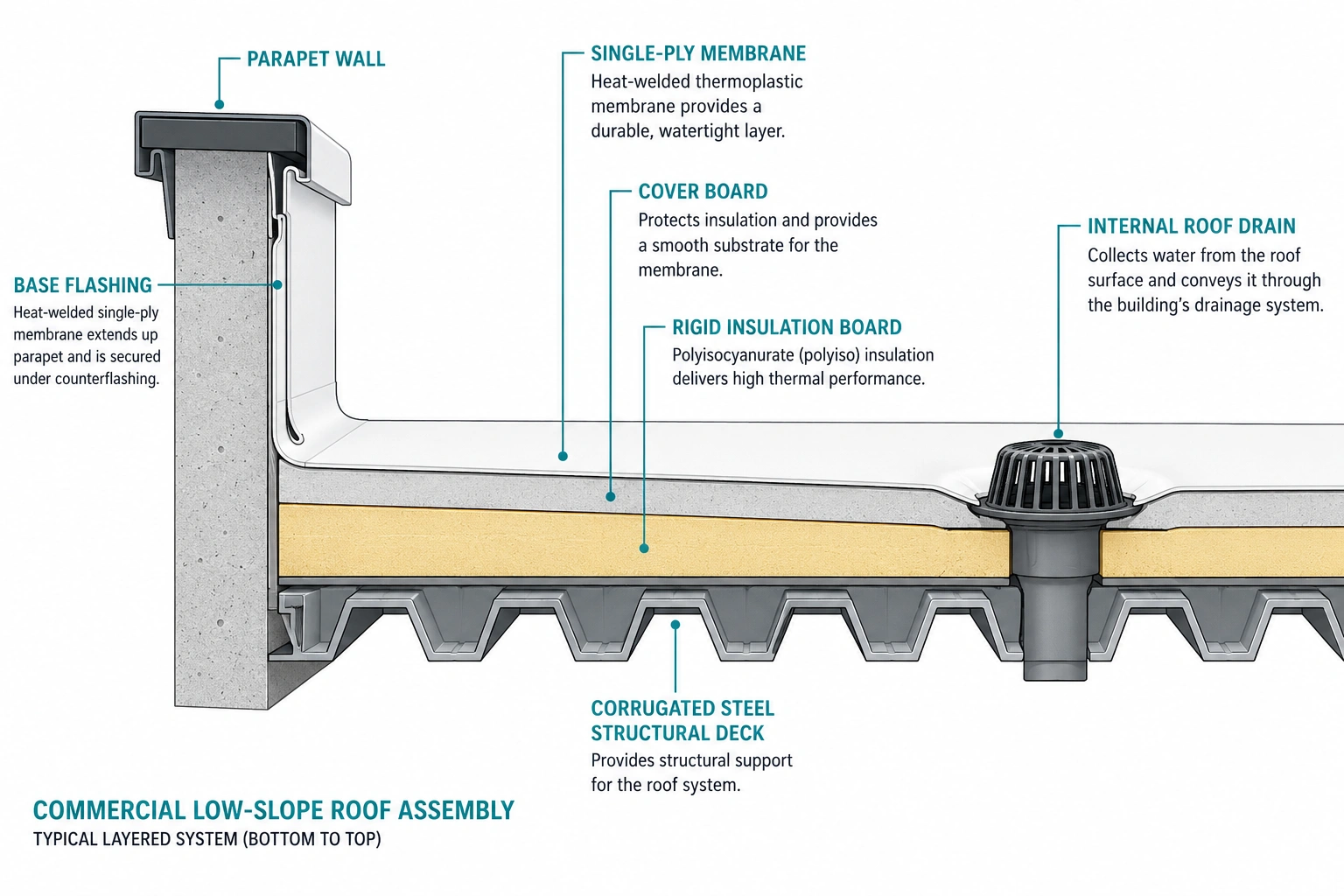 Cross-section diagram of a commercial flat roof showing deck, insulation, cover board, and membrane layers