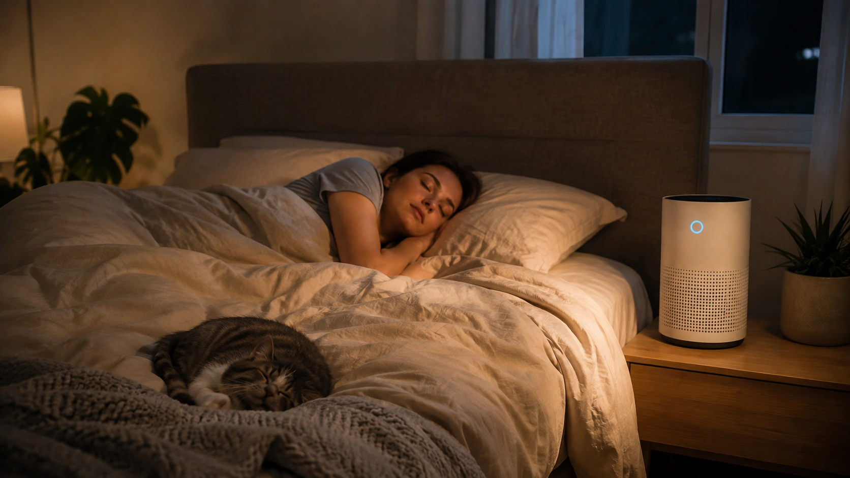 Air purifier running in a bedroom to ease pet allergies overnight