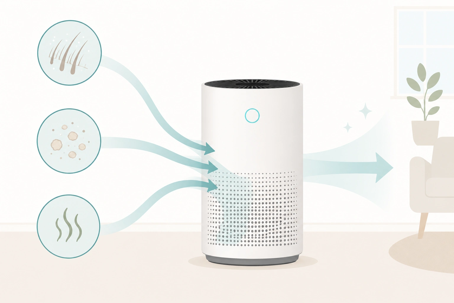 Diagram of an air purifier capturing pet hair, dander, and odor from the air