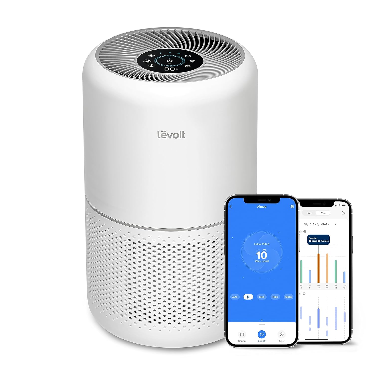 Compact Levoit Core 300S air purifier on a bedroom nightstand