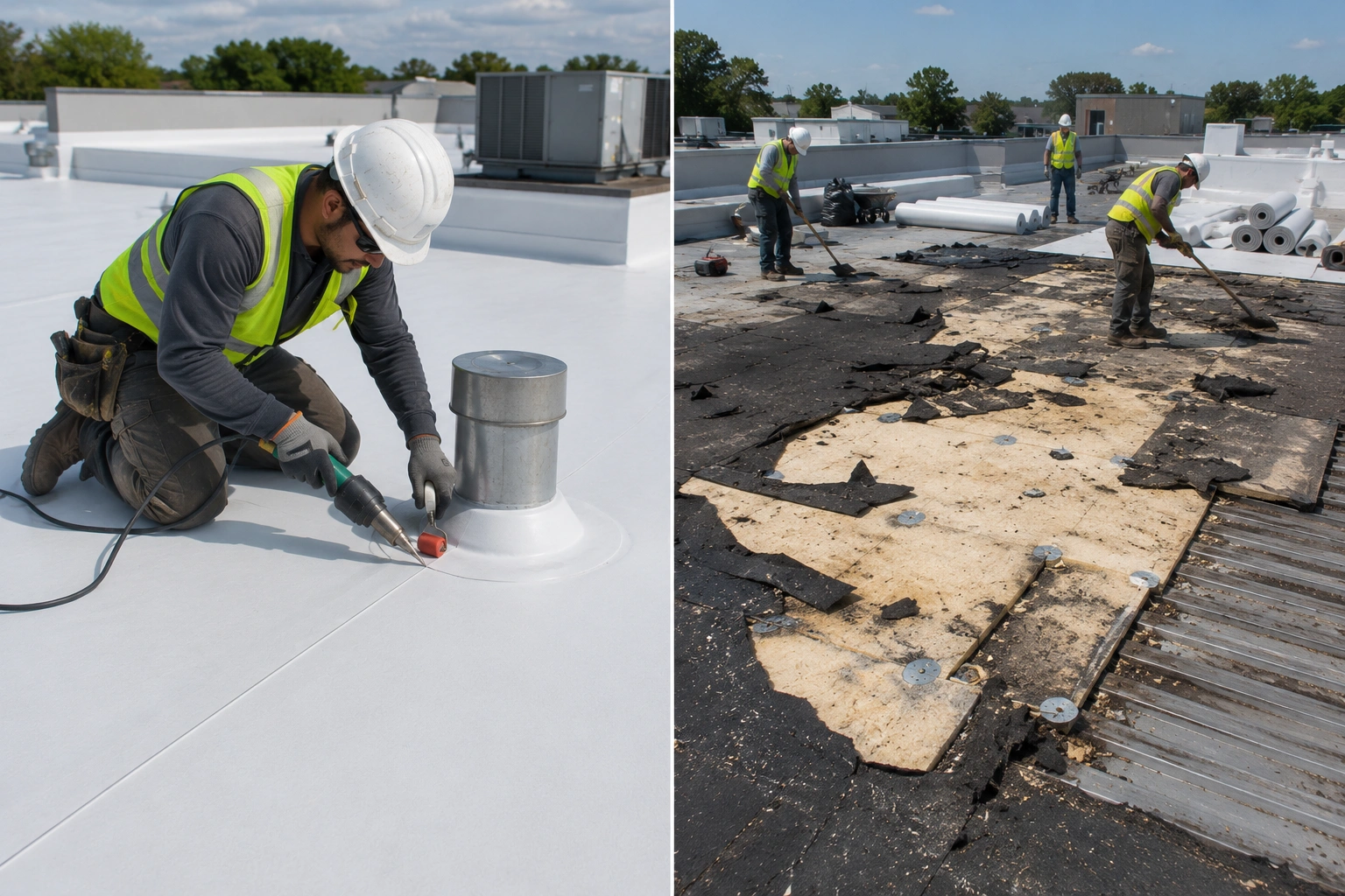 Localized commercial roof repair beside a full commercial roof replacement tear-off
