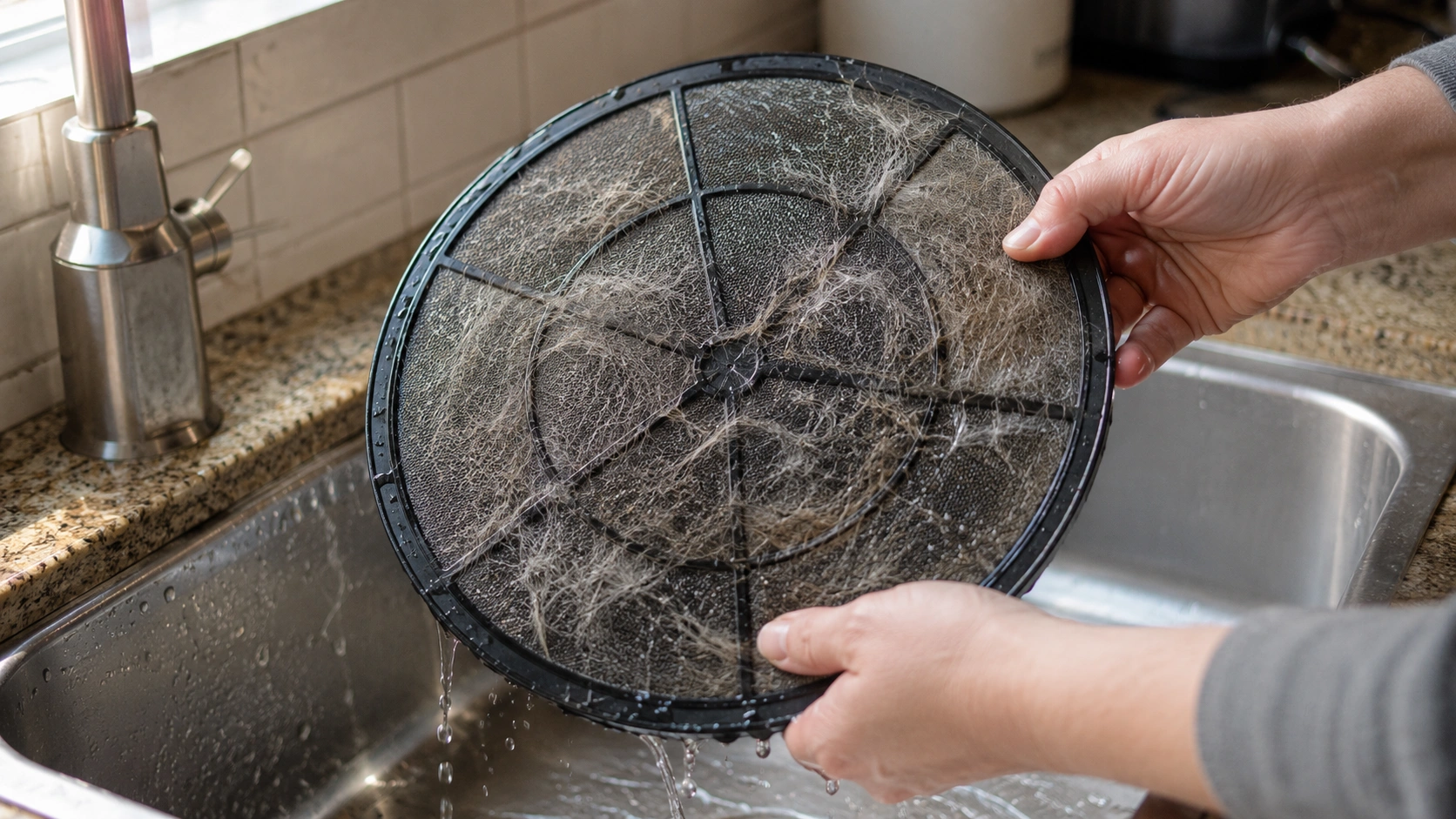 Washable air purifier pre-filter covered in pet hair being rinsed clean