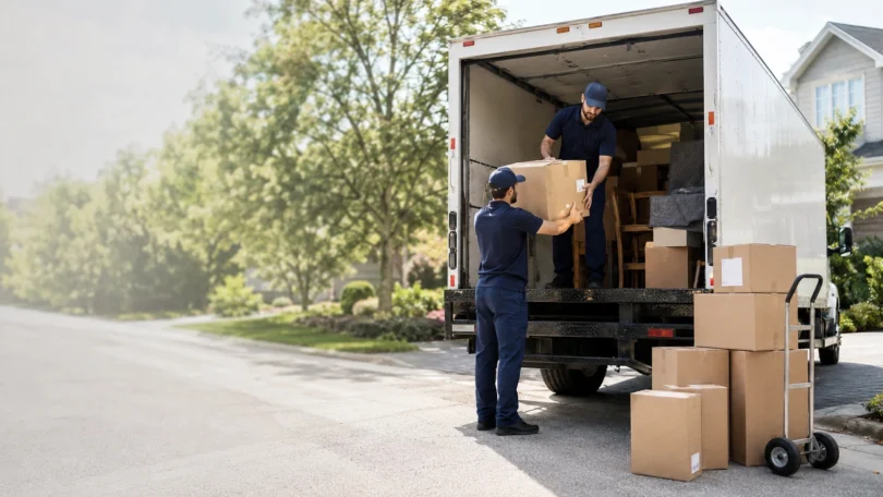 Professional long distance movers loading household boxes into a moving truck