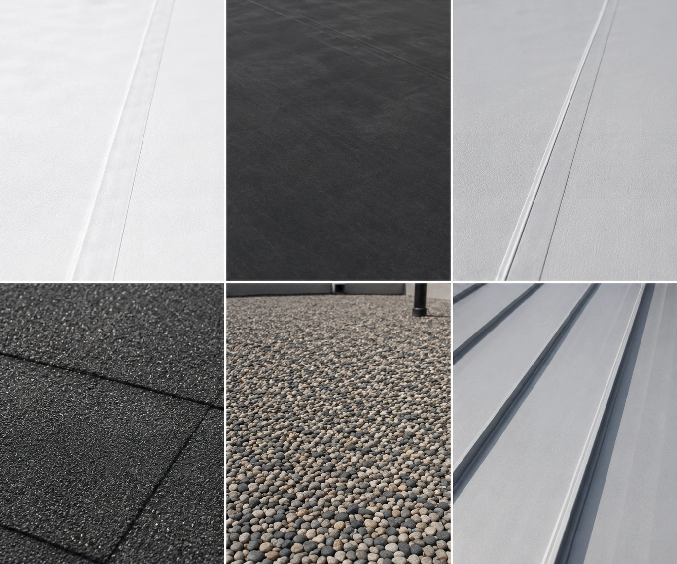 Six commercial roofing systems compared side by side: TPO, EPDM, PVC, modified bitumen, built-up, and metal