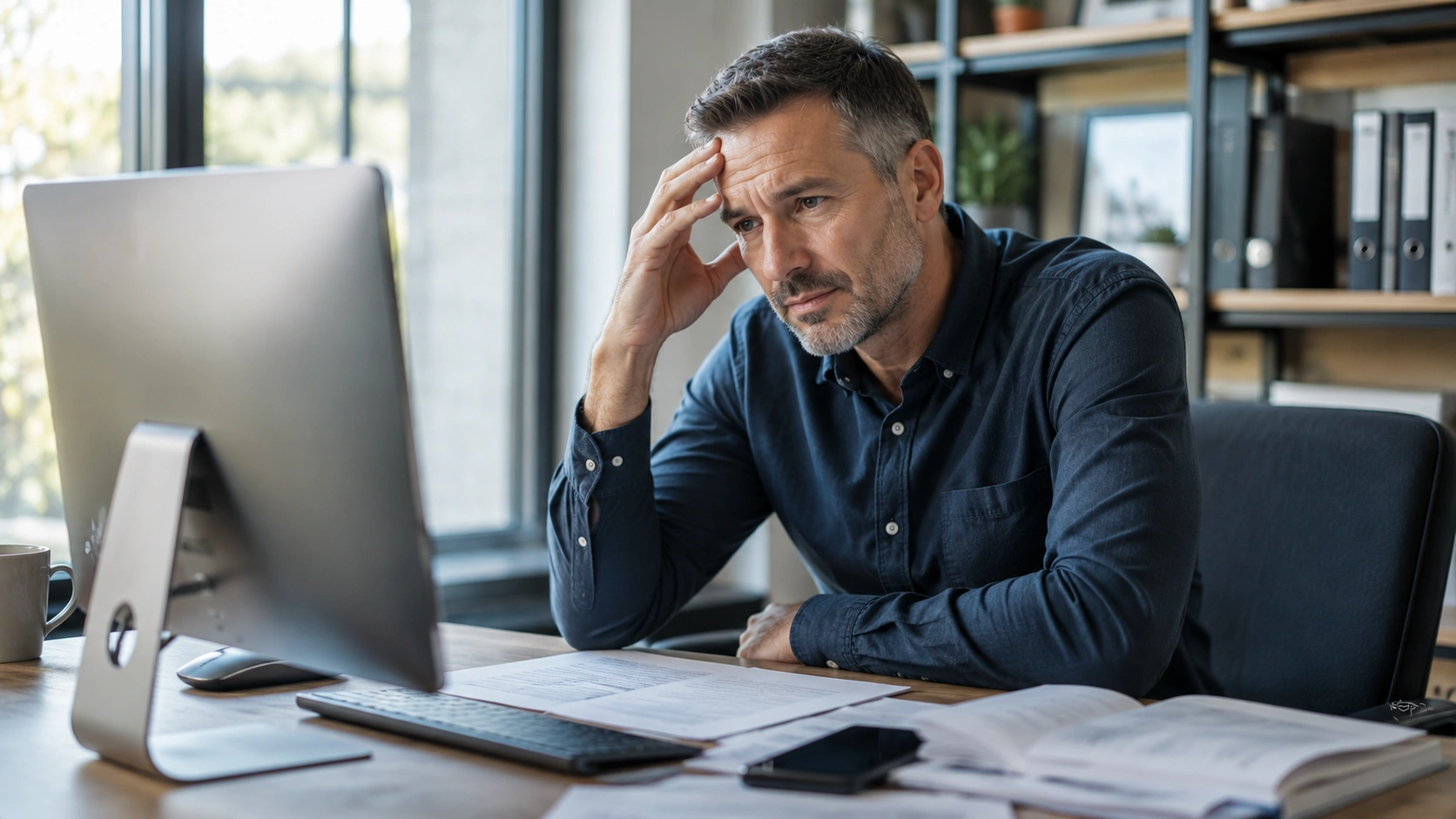 Small business owner troubleshooting a computer issue at their desk