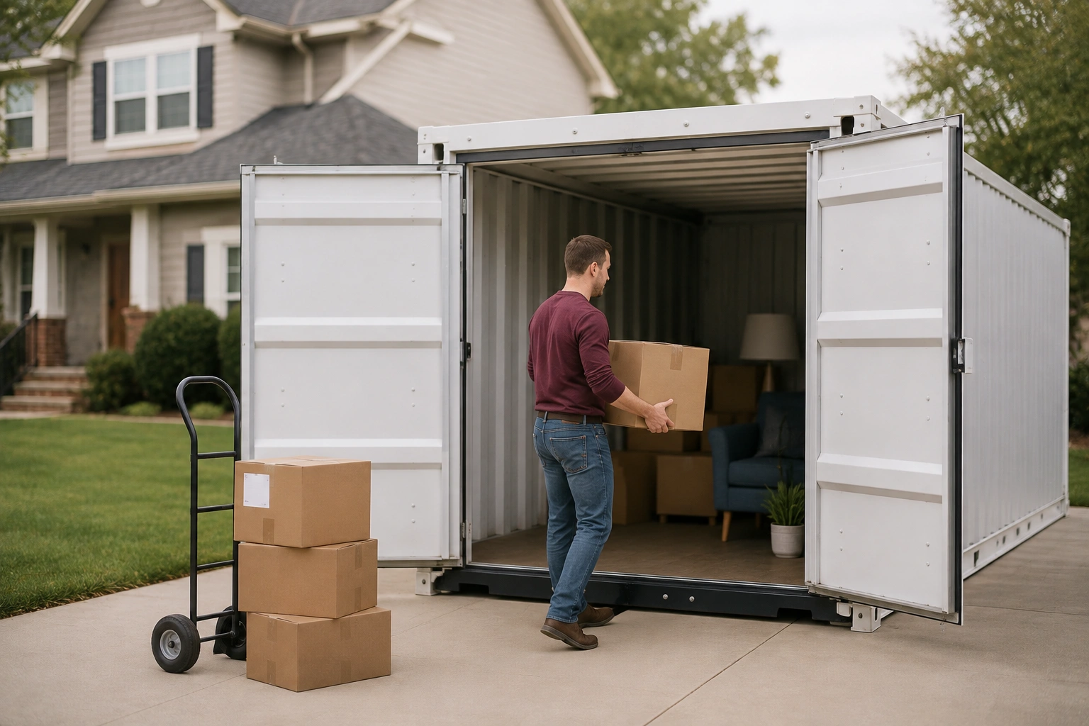 Portable moving container in a driveway ready for a long distance move