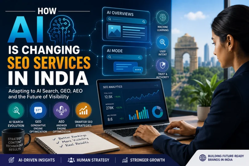 AI SEO services in India showing AI search, SEO analytics, GEO and AEO