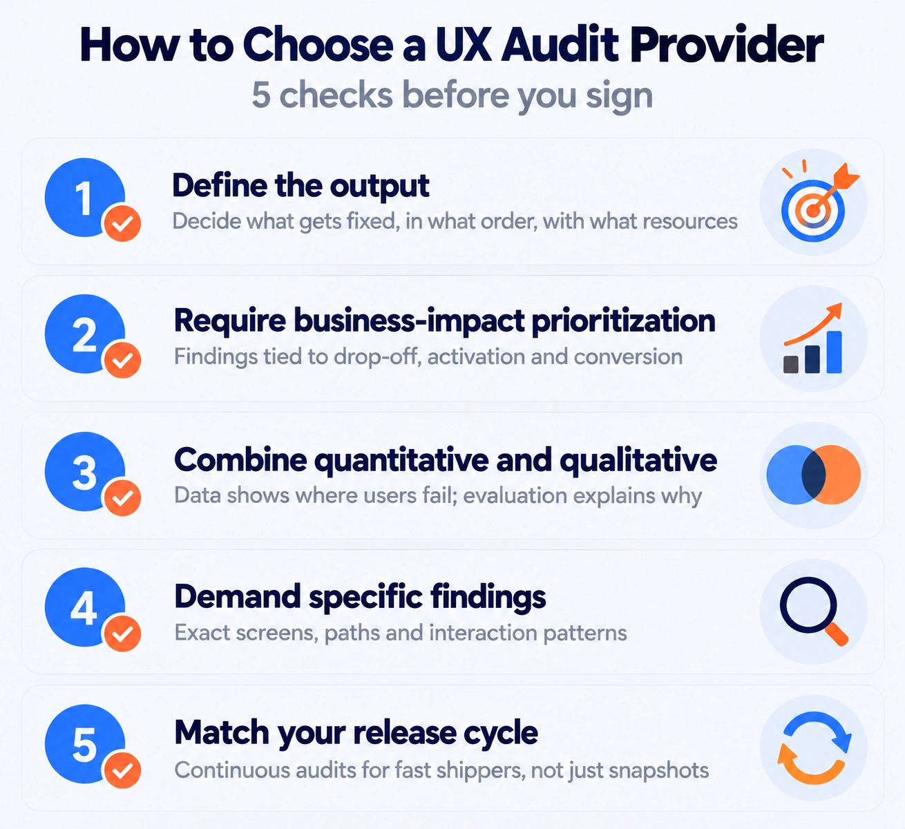 Five-step checklist for choosing UX audit services providers, from defining outputs to matching your release cycle