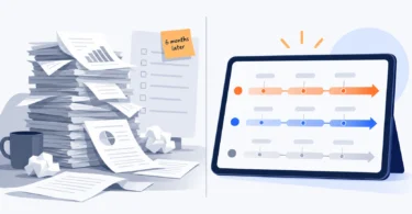 Unread UX audit report stack beside a prioritized product roadmap for a digital product team