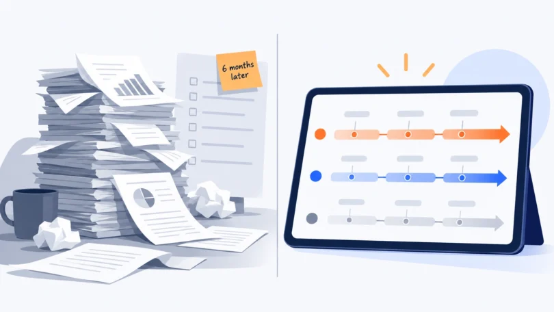 Unread UX audit report stack beside a prioritized product roadmap for a digital product team